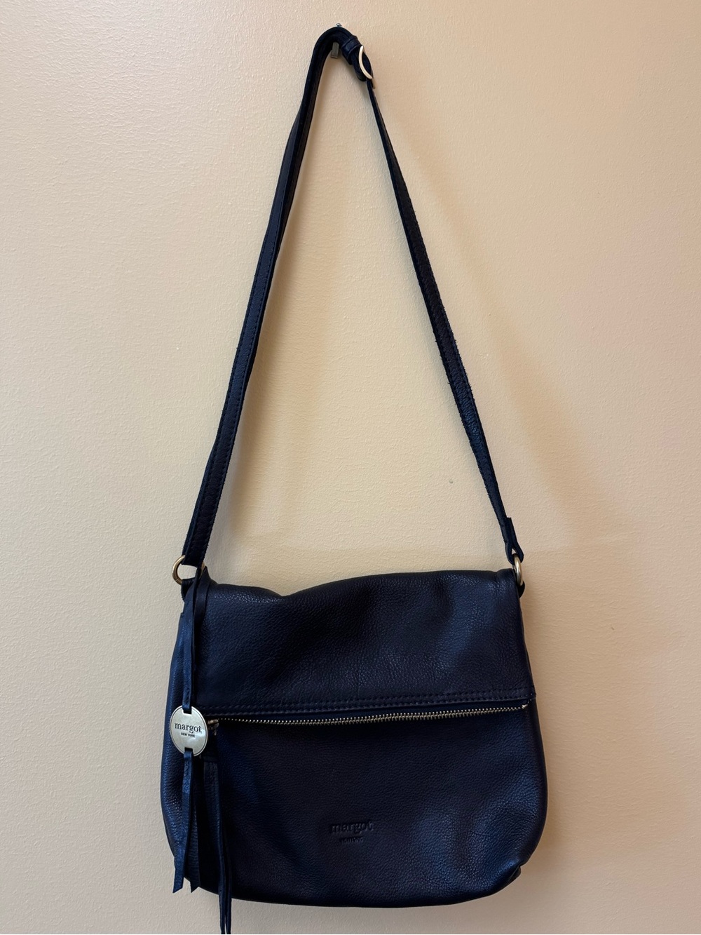 Margot Black Genuine Leather Foldover Crossbody Bag Pebbled Leather Classic